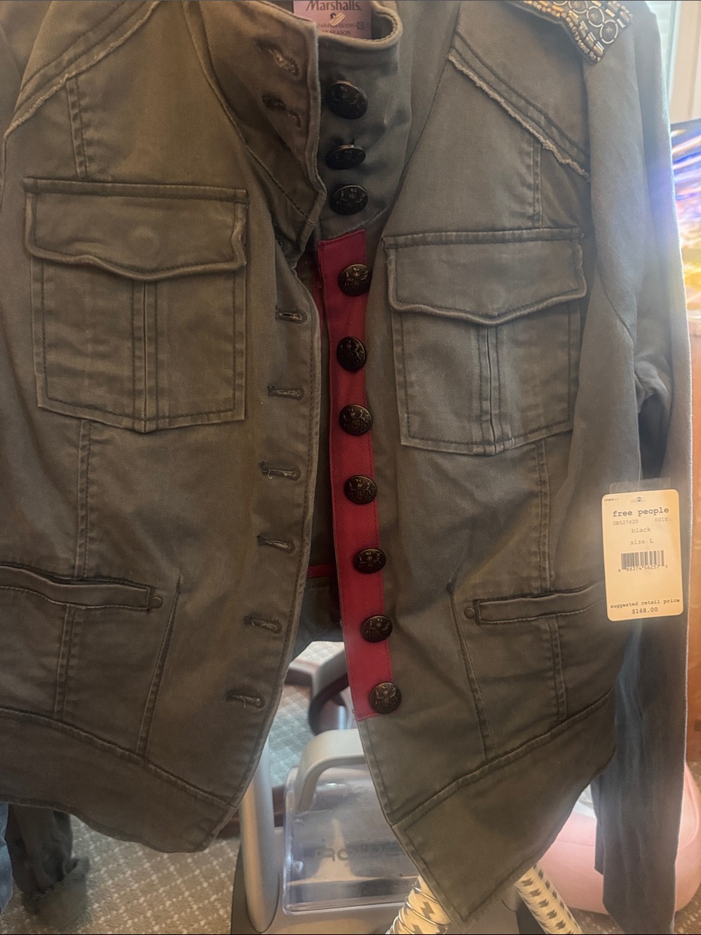 Free People Olive Green/Gray Military-Style Blazer with Burgundy Trim